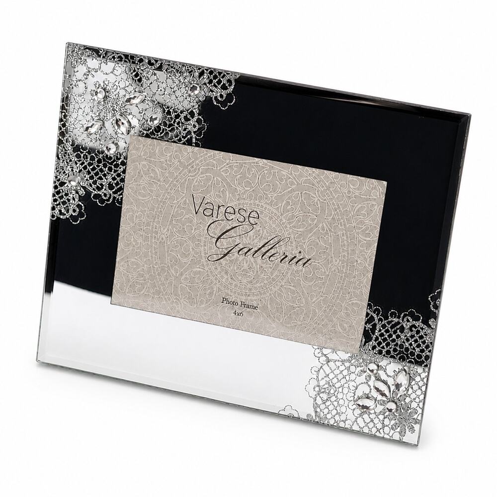 Varese Galleria 4x6 Mirrored Picture Frame Etched Lace Crystal Jeweled Wedding